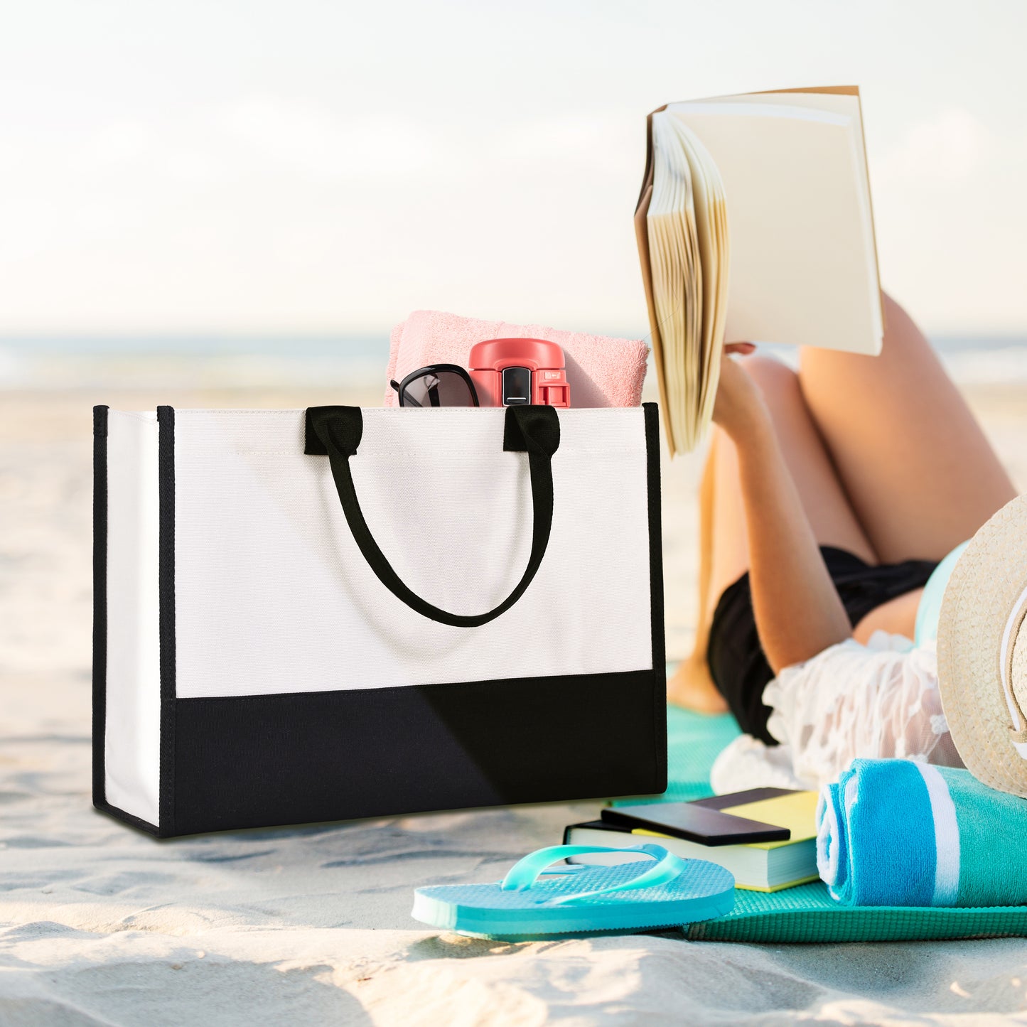 Lamyba Beach Please Bag, Canvas Beach Tote Bags for Women, Black and White