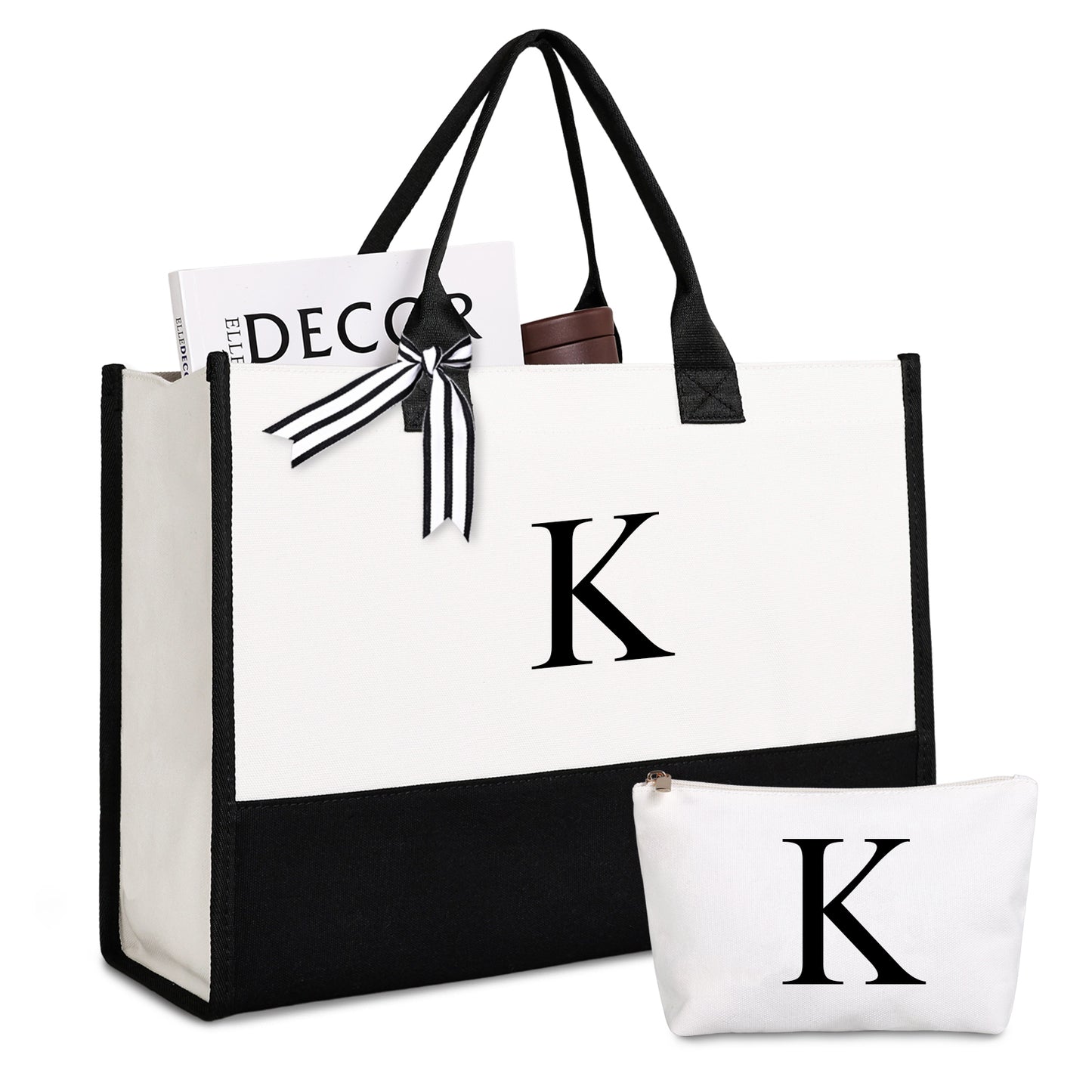 Lamyba Personalized Initial Canvas Beach Bag, Monogrammed Gift Tote Bag for Women/Teacher/Bride/Bridesmaid