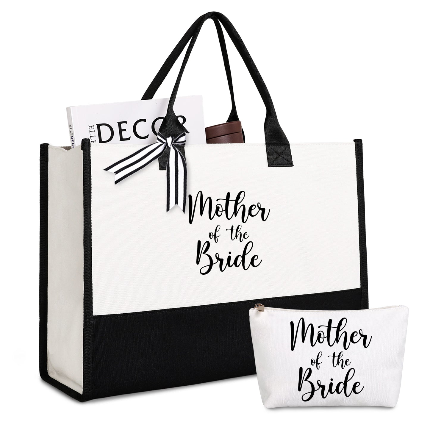 Bride Tote Bag with Makeup Bag, Gifts for Engagement / Bridal Shower / Bachelorette / Wedding Party Black and White
