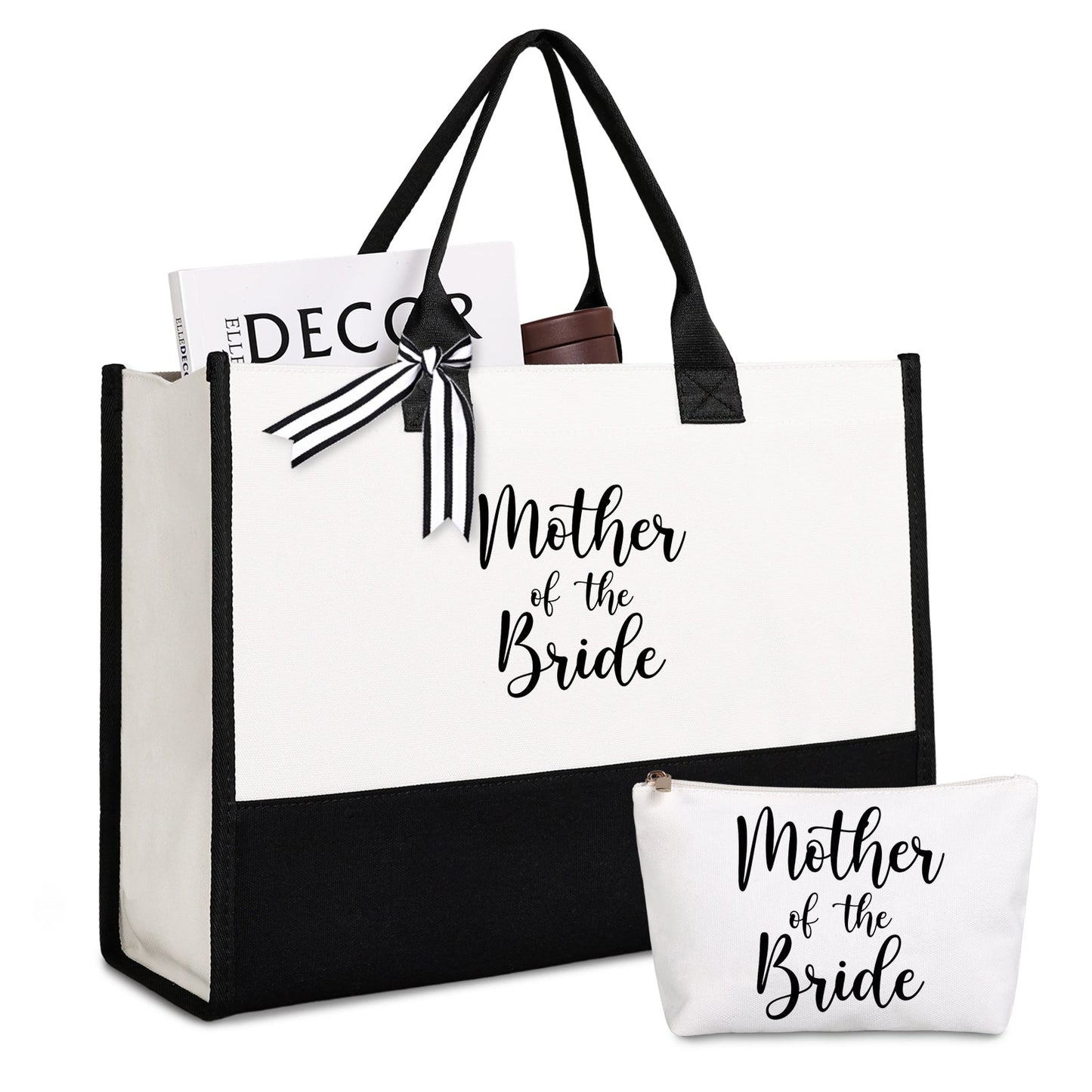 Bride Tote Bag with Makeup Bag, Gifts for Engagement / Bridal Shower / Bachelorette / Wedding Party Black and White