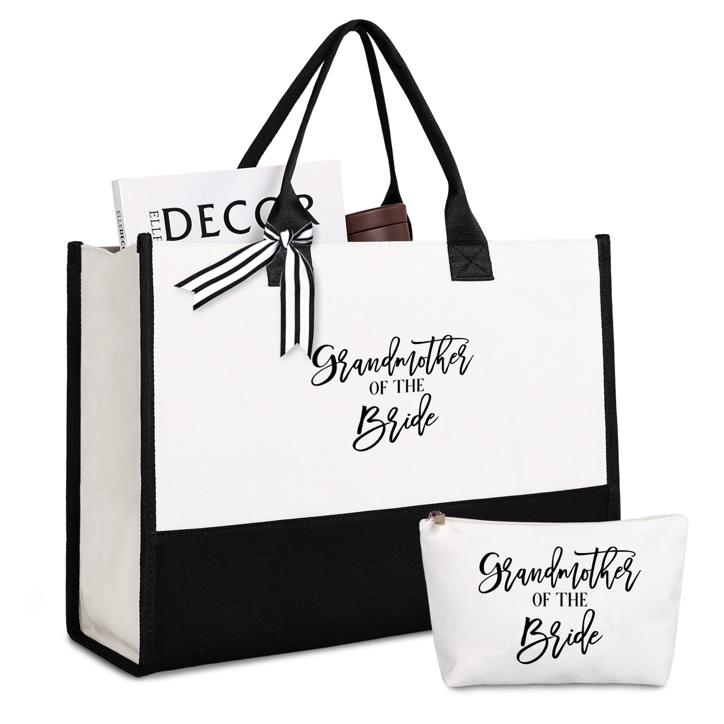 Bride Tote Bag with Makeup Bag, Gifts for Engagement / Bridal Shower / Bachelorette / Wedding Party Black and White