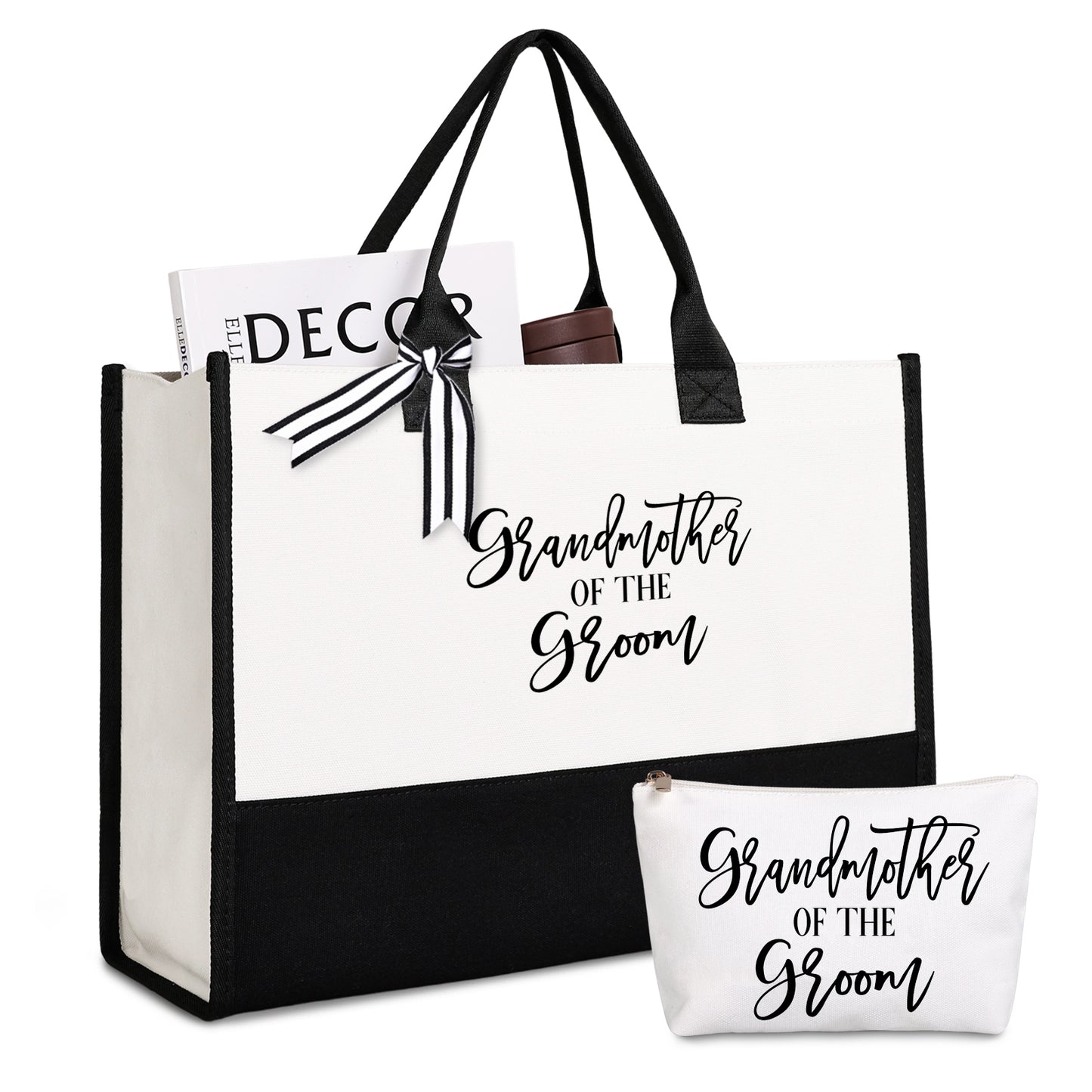 Bride Tote Bag with Makeup Bag, Gifts for Engagement / Bridal Shower / Bachelorette / Wedding Party Black and White