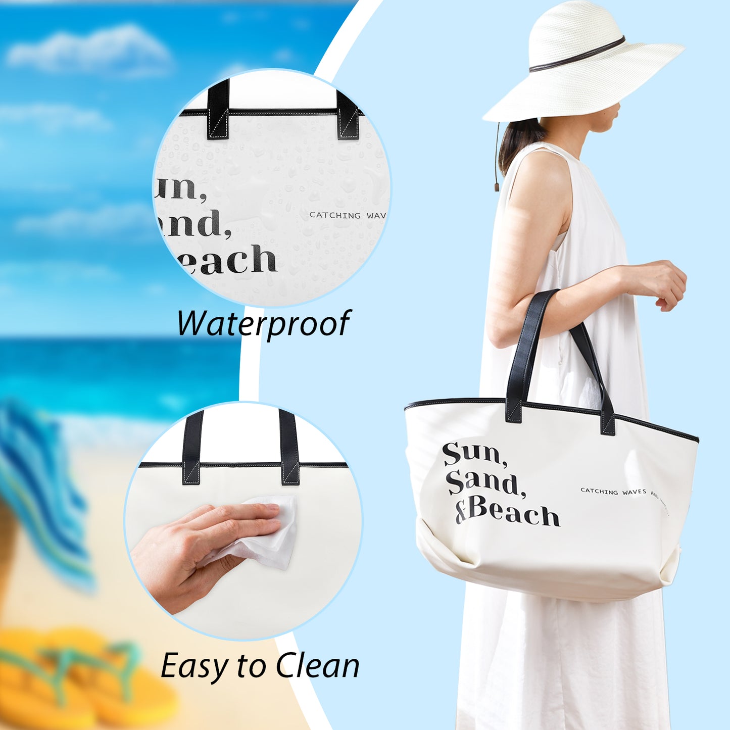 Beach Bags for Women, PU Leather Beach Bag,Large Waterproof Sandproof Beach Tote Bag for Summer Pool Travel with Zipper