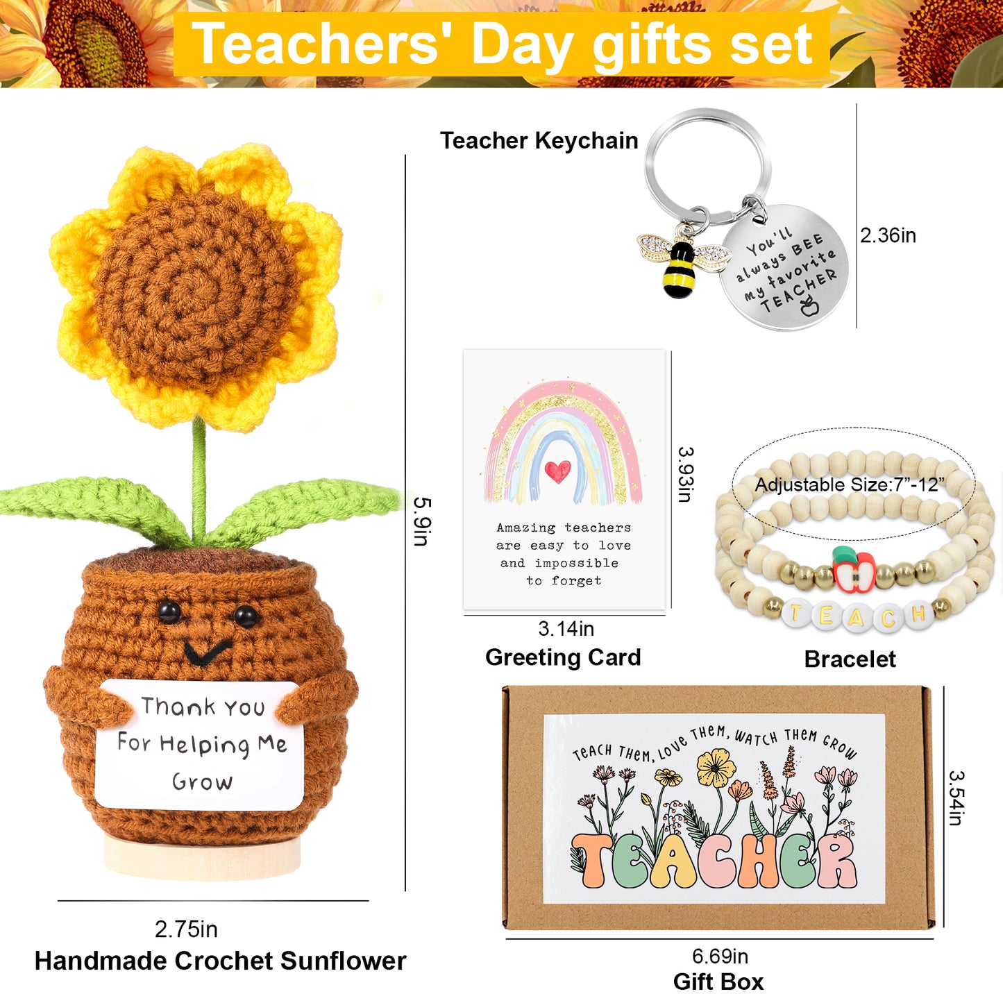 Teacher Gifts for Women,Teacher Appreciation Gifts,Christmas Gifts for Teacher,3pcs Handmade Sunflower Crochet Doll Gift Set with Inspirational Card,Bracelet & Keychain