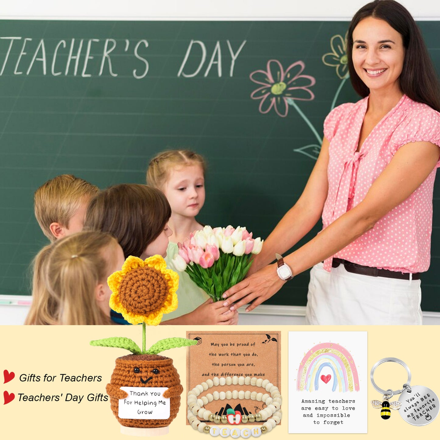 Teacher Gifts for Women,Teacher Appreciation Gifts,Christmas Gifts for Teacher,3pcs Handmade Sunflower Crochet Doll Gift Set with Inspirational Card,Bracelet & Keychain