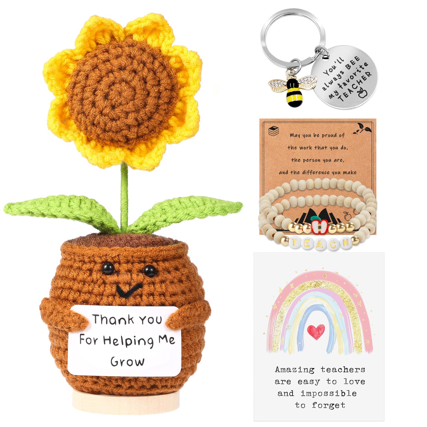 Teacher Gifts for Women,Teacher Appreciation Gifts,Christmas Gifts for Teacher,3pcs Handmade Sunflower Crochet Doll Gift Set with Inspirational Card,Bracelet & Keychain