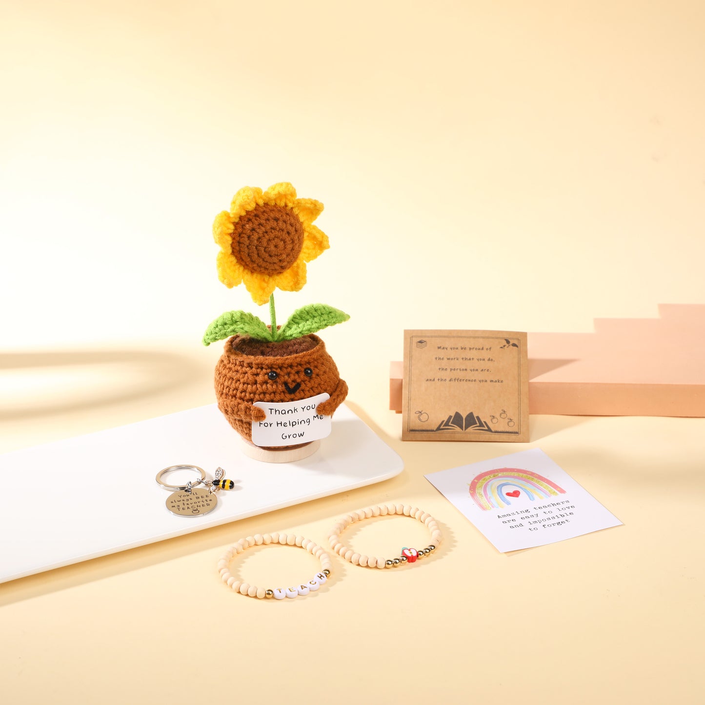 Teacher Gifts for Women,Teacher Appreciation Gifts,Christmas Gifts for Teacher,3pcs Handmade Sunflower Crochet Doll Gift Set with Inspirational Card,Bracelet & Keychain
