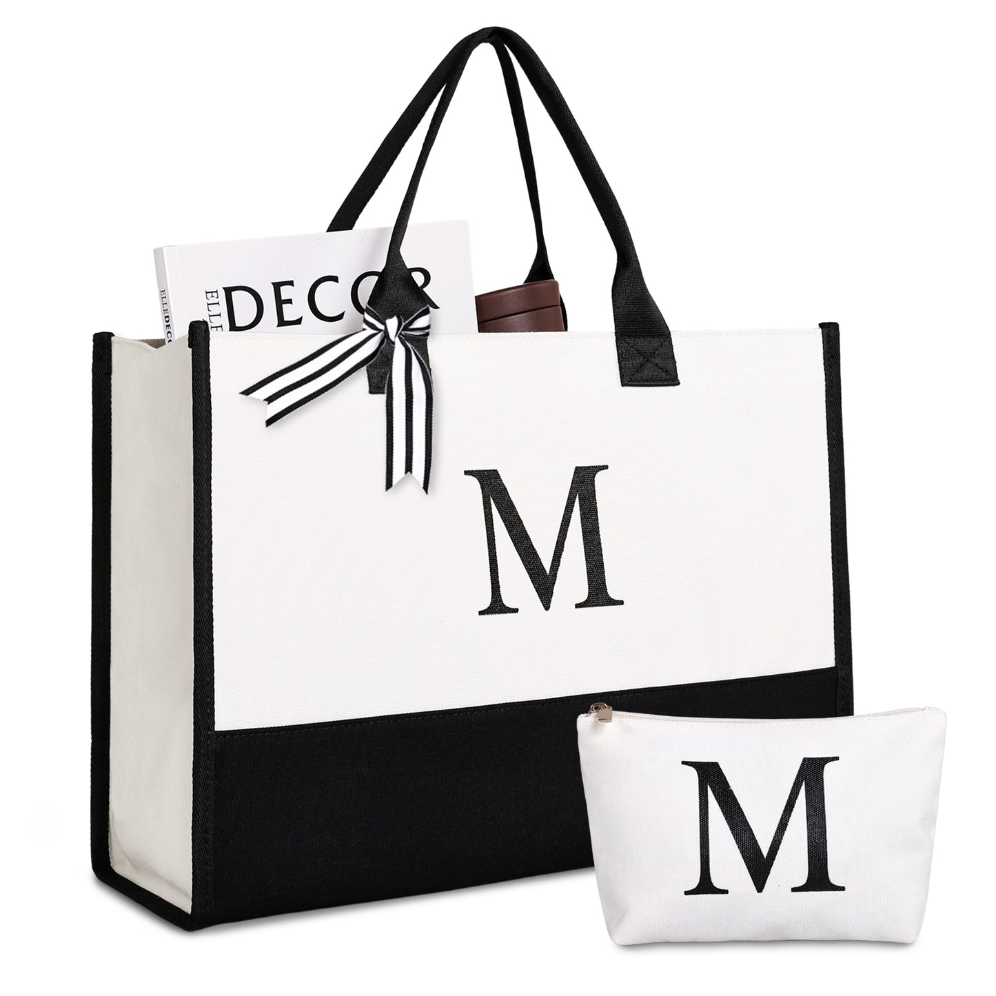 Mud Pie Classic Black and White Initial Canvas Tote Bags (J), 100% Cotton,  17 x 19 x 2