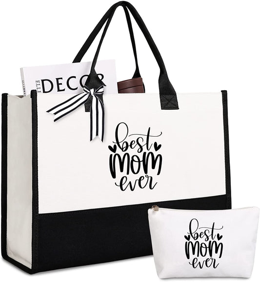 Best Mom Ever Tote Bag with Makeup Bag, Mothers Day/ Baby Shower Gifts for New Mom, Canvas Mama Bag, Black and White