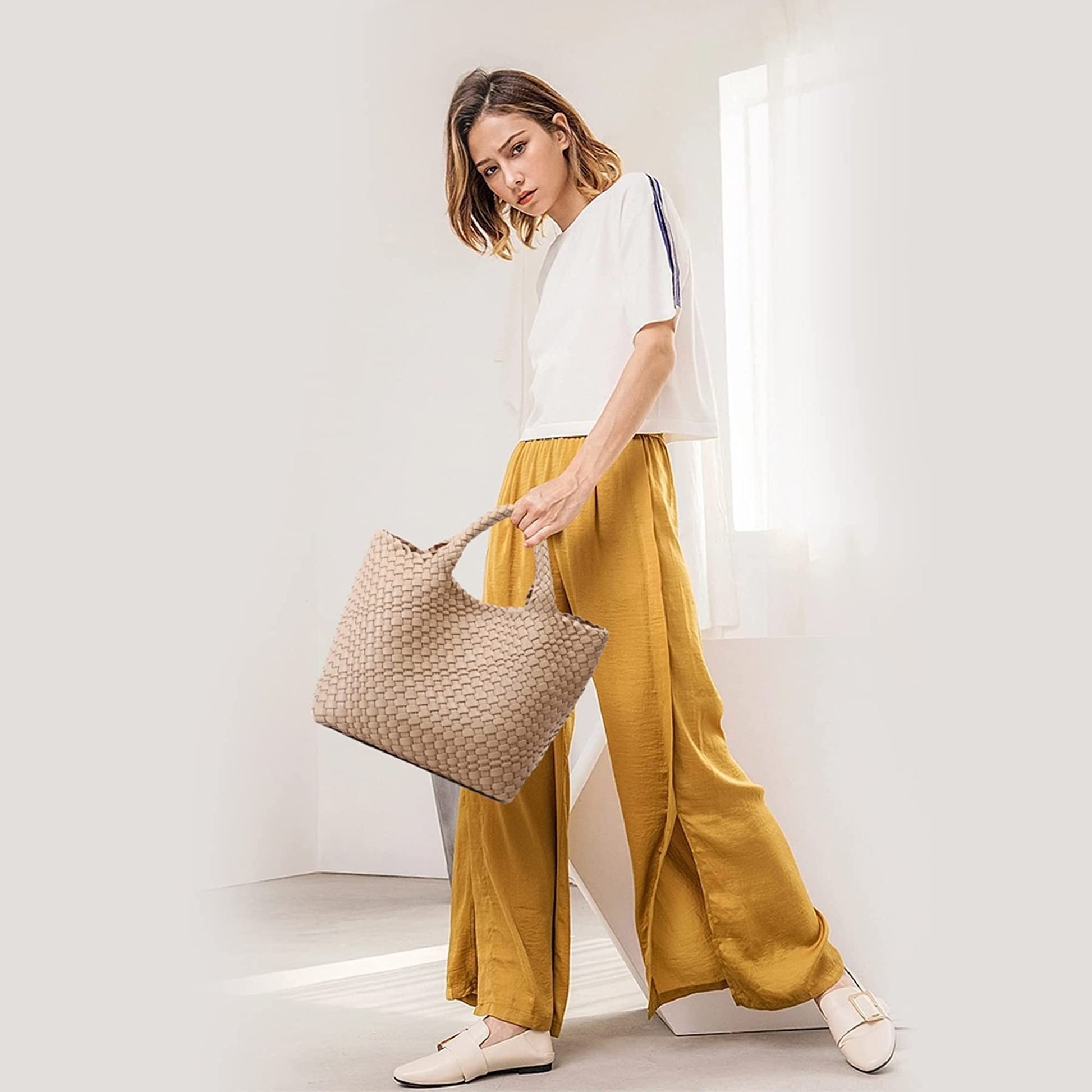 Leather Woven Tote Bag Large Shoulder Bag Shopper Tote Bags with Lined Bag  of Cotton Fashion Travel Handbags for Women