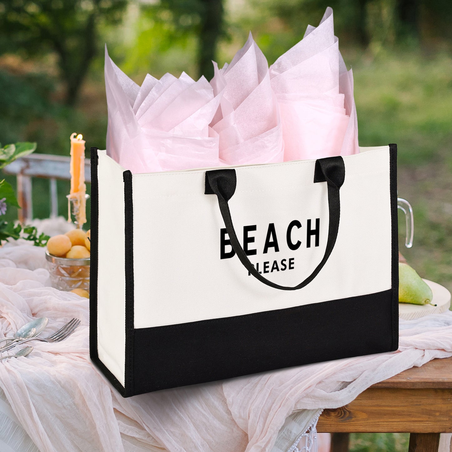 Lamyba Beach Please Bag, Canvas Beach Tote Bags for Women, Black and White
