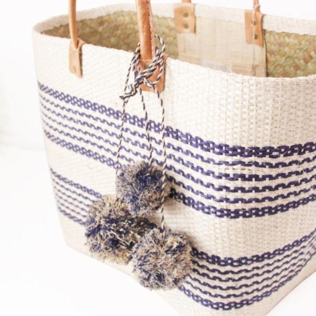 Rattan Tote Basket Stripe Market Tote Straw XL Beach Bag with Pom Pom