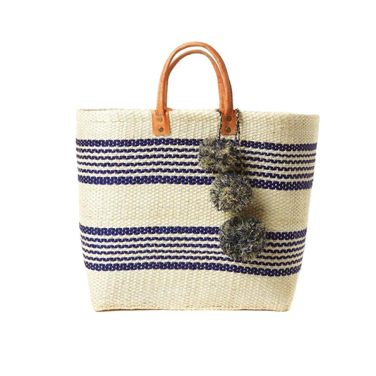 Rattan Tote Basket Stripe Market Tote Straw XL Beach Bag with Pom Pom