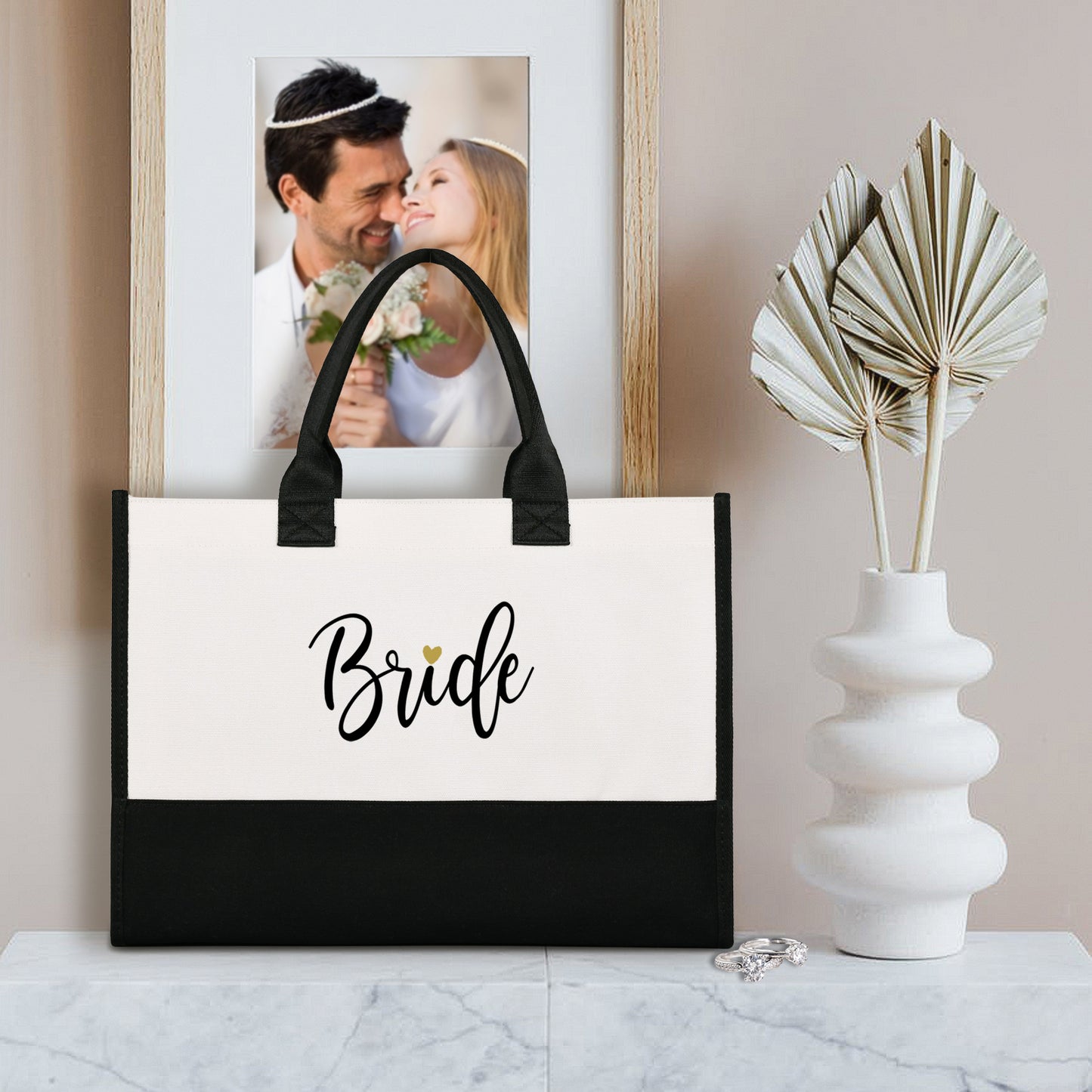 Bride Tote Bag with Makeup Bag, Gifts for Engagement / Bridal Shower / Bachelorette / Wedding Party Black and White