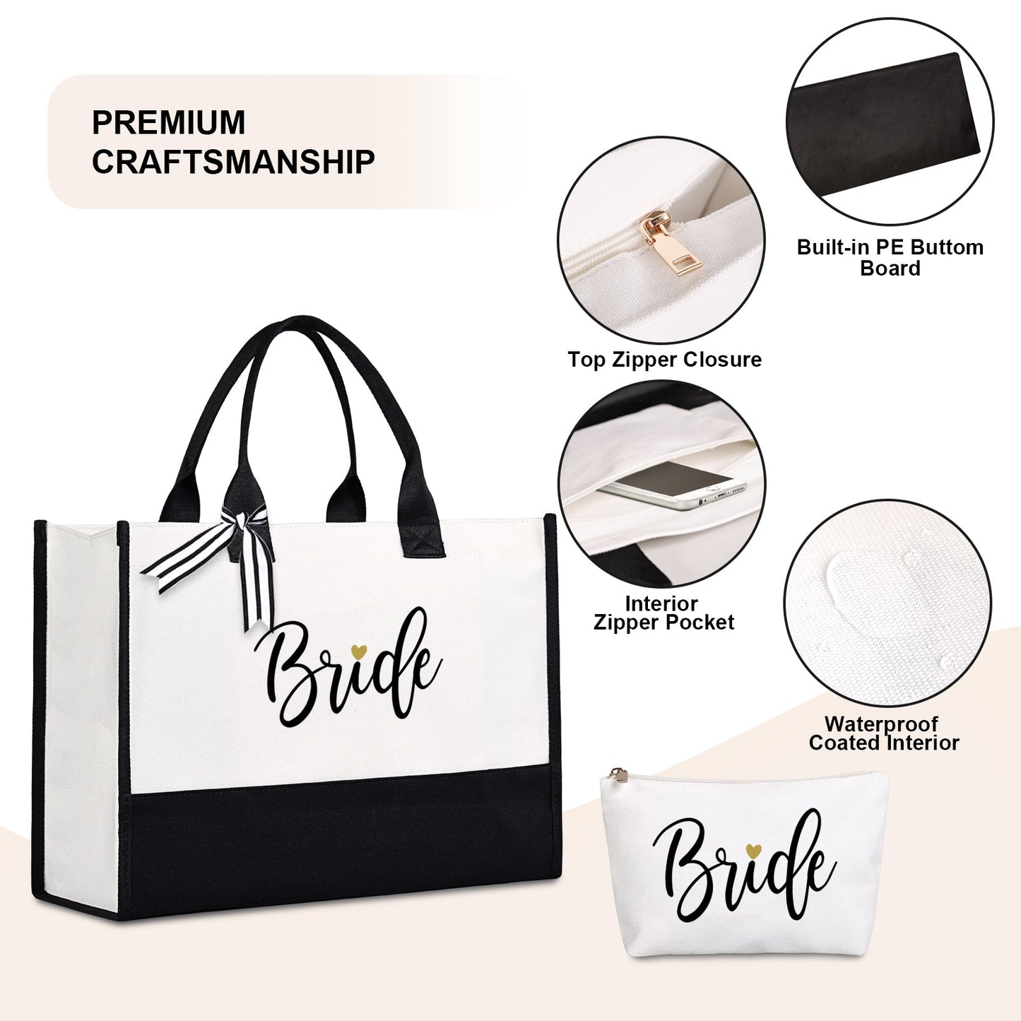 Bride Tote Bag with Makeup Bag, Gifts for Engagement / Bridal Shower / Bachelorette / Wedding Party Black and White