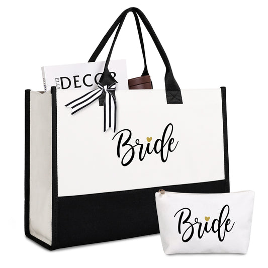 Bride Tote Bag with Makeup Bag, Gifts for Engagement / Bridal Shower / Bachelorette / Wedding Party Black and White