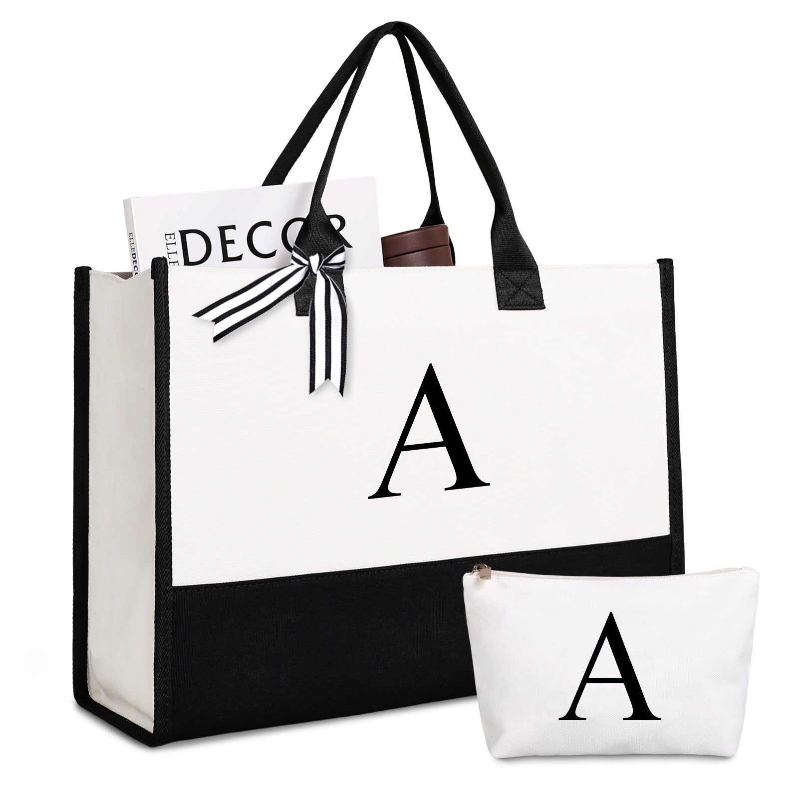 Mud Pie Classic Black and White Initial Canvas Tote Bags (R), 100% Cotton,  17 x 19 x 2