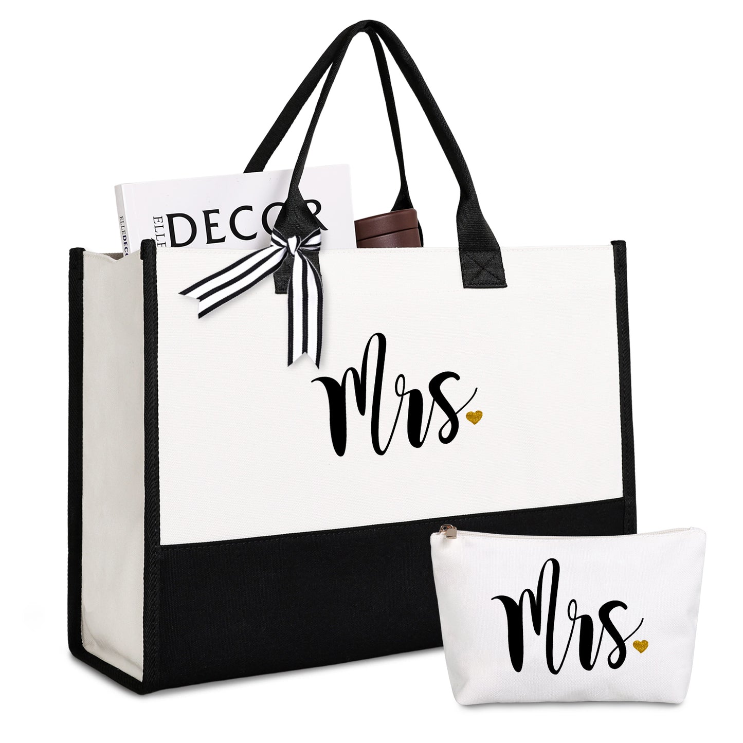 Bride Tote Bag with Makeup Bag, Gifts for Engagement / Bridal Shower / Bachelorette / Wedding Party Black and White