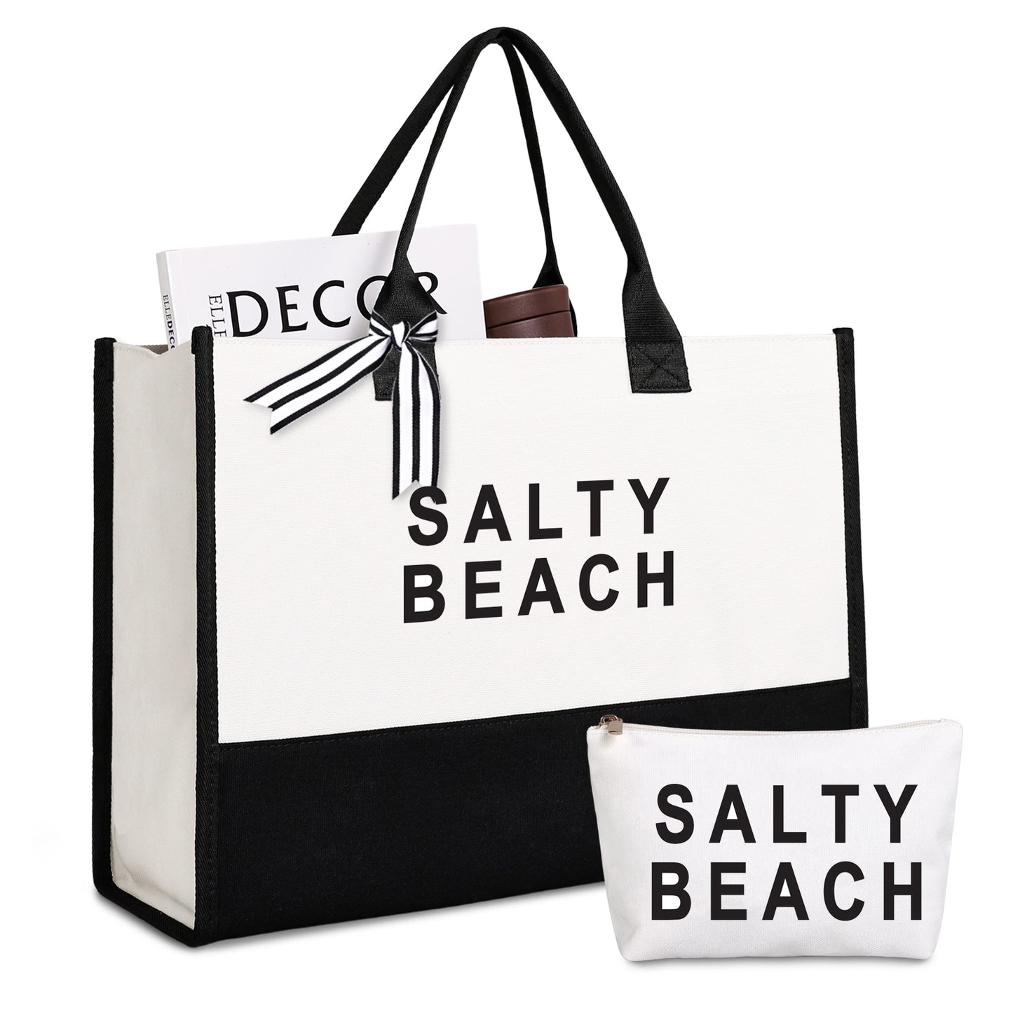 Lamyba Beach Please Bag, Canvas Beach Tote Bags for Women, Black and White