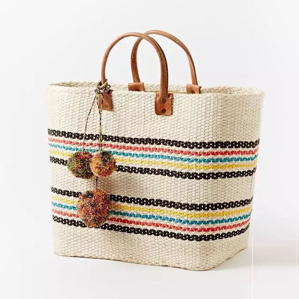 Rattan Tote Basket Stripe Market Tote Straw XL Beach Bag with Pom Pom