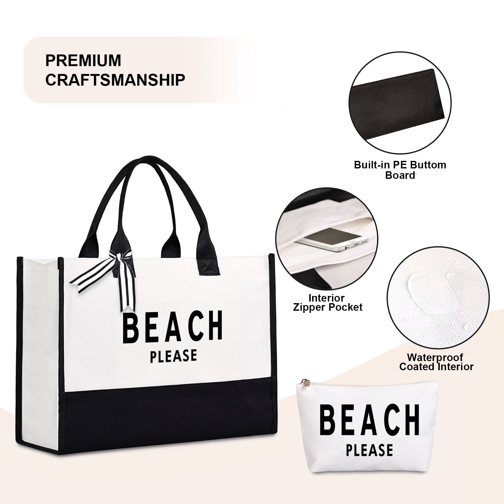 Lamyba Beach Bag, Canvas Beach Tote Bags for Women, Black and White