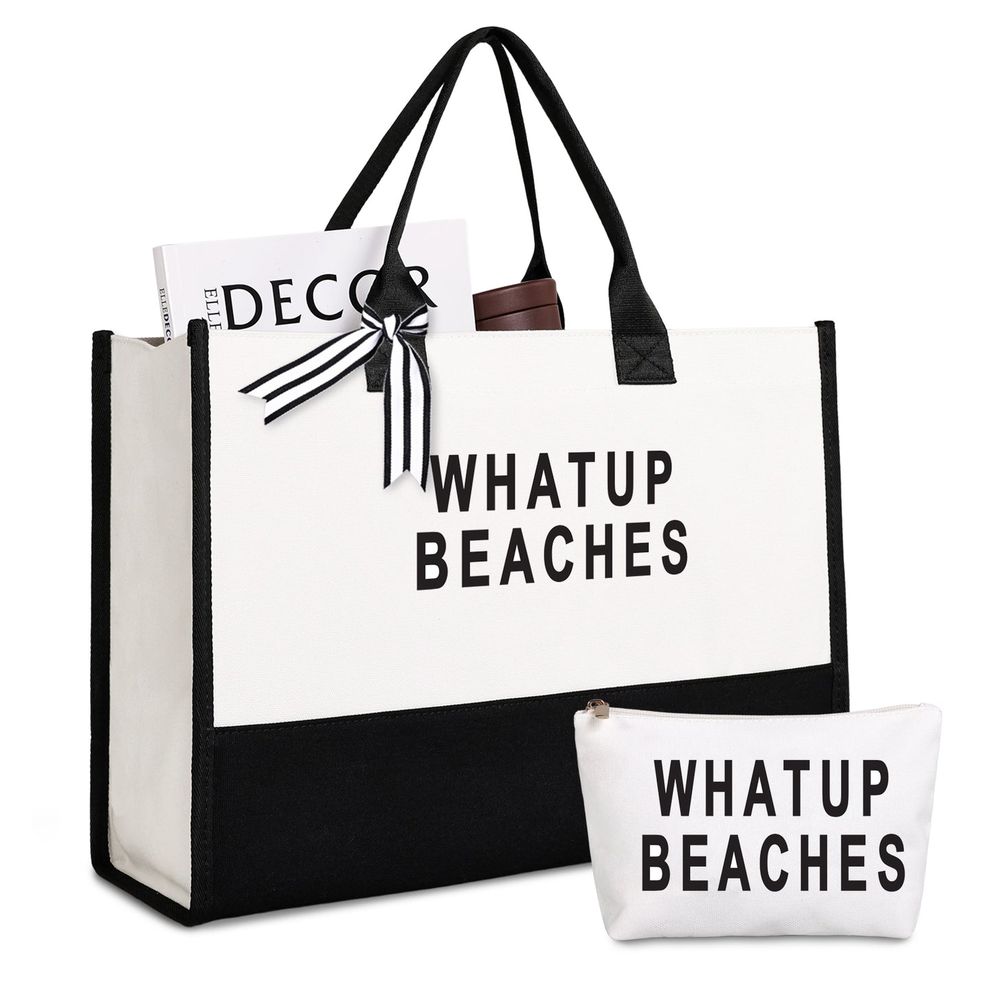 Lamyba Beach Please Bag, Canvas Beach Tote Bags for Women, Black and White